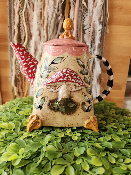Whimsical Mushroom Teapot, Teacup, Saucer and Mushroom Spoon.