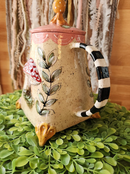 Whimsical Mushroom Teapot, Teacup, Saucer and Mushroom Spoon.
