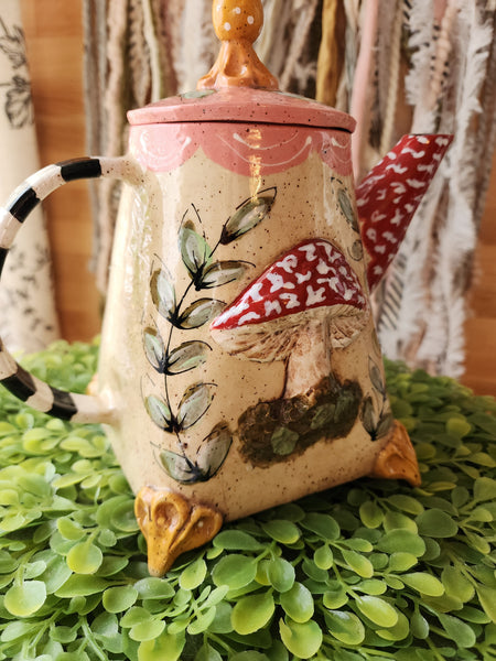 Whimsical Mushroom Teapot, Teacup, Saucer and Mushroom Spoon.
