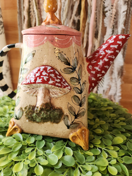 Whimsical Mushroom Teapot, Teacup, Saucer and Mushroom Spoon.