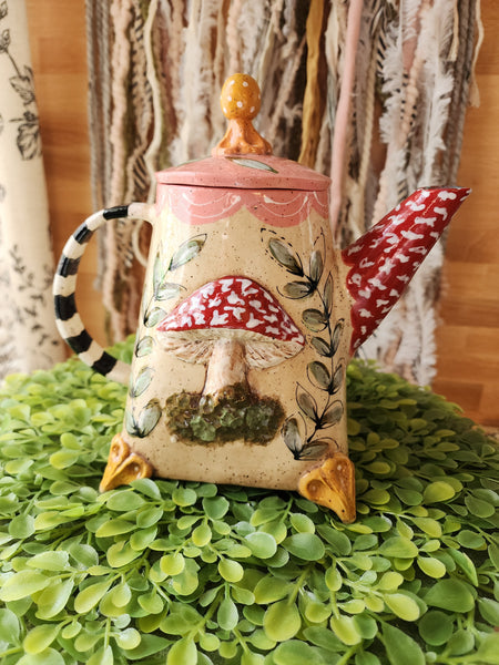 Whimsical Mushroom Teapot, Teacup, Saucer and Mushroom Spoon.