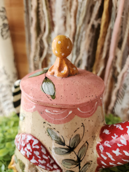 Whimsical Mushroom Teapot, Teacup, Saucer and Mushroom Spoon.