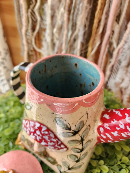 Whimsical Mushroom Teapot, Teacup, Saucer and Mushroom Spoon.