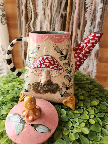 Whimsical Mushroom Teapot, Teacup, Saucer and Mushroom Spoon.