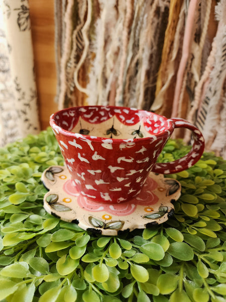 Whimsical Mushroom Teapot, Teacup, Saucer and Mushroom Spoon.
