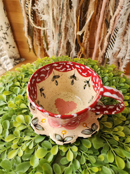 Whimsical Mushroom Teapot, Teacup, Saucer and Mushroom Spoon.