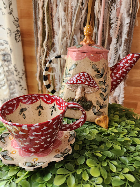 Whimsical Mushroom Teapot, Teacup, Saucer and Mushroom Spoon.