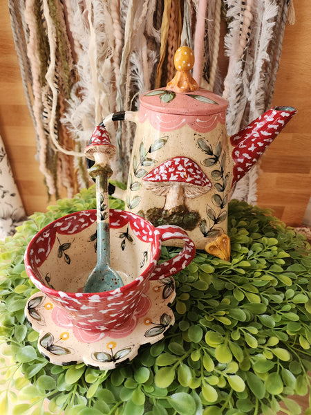 Whimsical Mushroom Teapot, Teacup, Saucer and Mushroom Spoon.